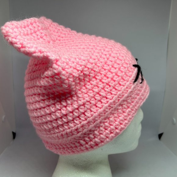 Handmade Crochet Light Pink Knit Cap w/Black Accent OS - Picture 4 of 11